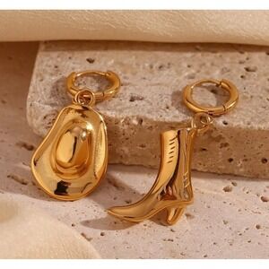 Western Cowboy Hat Boot Earrings Gold Plated Trendy Cowgirl Jewelry